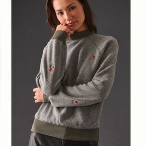 Anthropologie T.La Embroidered Mock-Neck Sweatshirt Moss XS